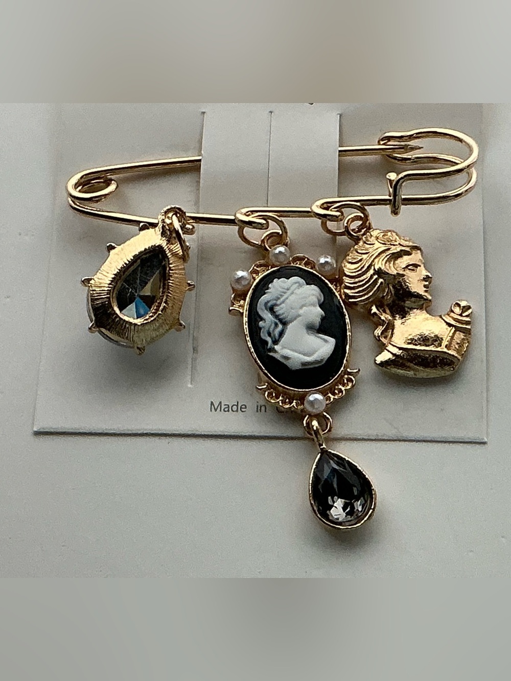 Gold Cameo Safety Pin Brooch with Smoky Gray Teardrop Charms